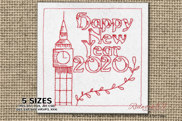 Big Ben London New Year 2020 Redwork Embroidery Design